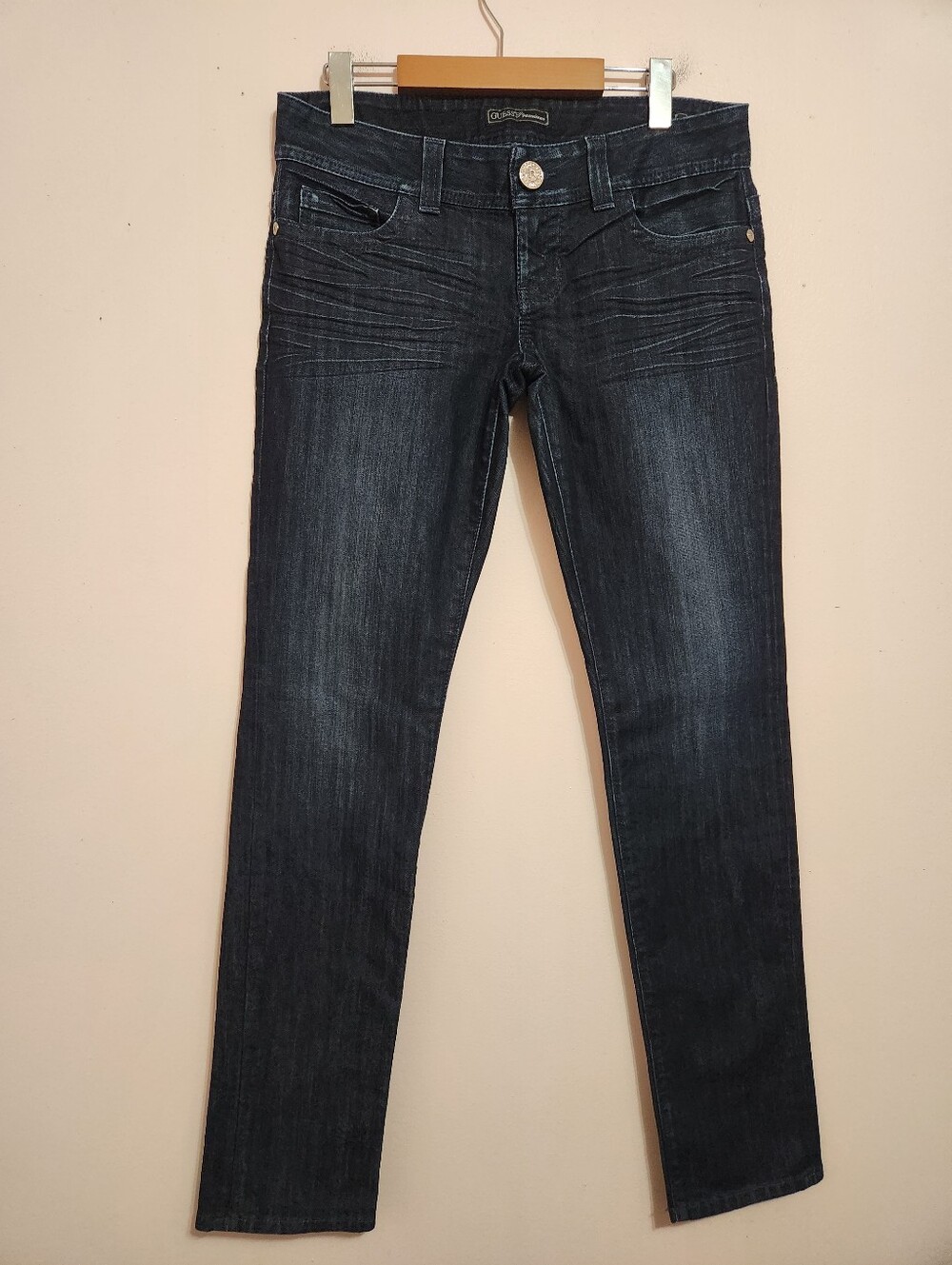 Guess Premium Daredevil Skinny Jeans Dark Wash Y2K Crystal Rhinestone Logo Sz 28